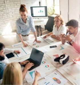 colleagues having a meeting with data sheets